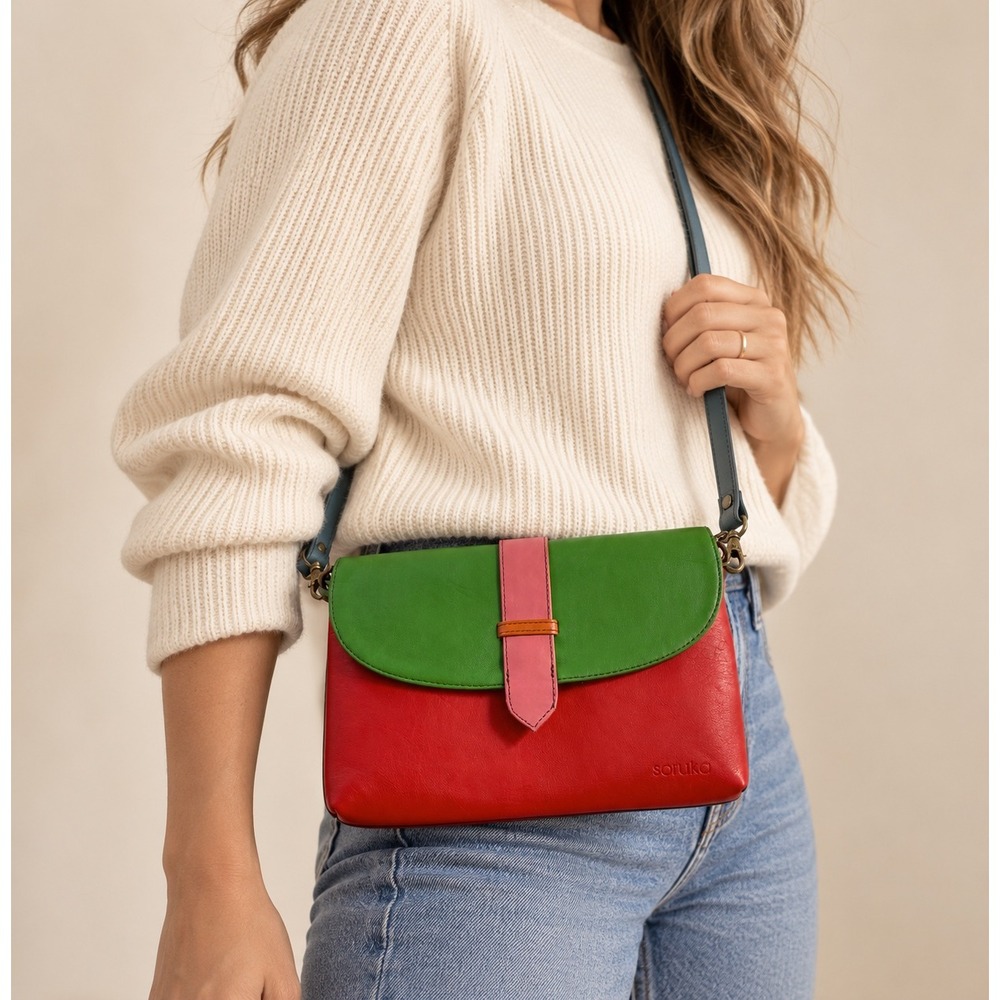 Soruka Recycled Leather Colorblock Crossbody Bag Multicolored Handmade Green Red